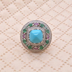 Turquoise Cocktail Ring, Handmade 925 Sterling Silver with Emerald, Ruby and Pave Diamond, 2 Designs