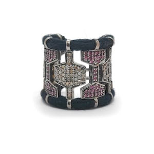 Pink Ruby Matrix Ring 925 Silver | Abstract Hourglass Gothic Band | Rough Diamond Pave Open Armor Ring ,Streetwear Jewelry