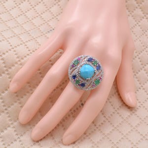 Anillo de cóctel de turquesa natural en plata de ley 925, anillo de esmeralda, rubí, cianita y diamantes, joyería artesanal de lujo con piedras preciosas, regalo de aniversario