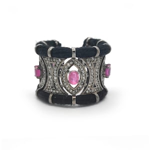 Silver Pink Ruby Eye Ring  | Mystical Marquise Diamond Talisman Band | Openwork Geometric Wide Cuff Black Cord Wrapped Gothic  Jewelry