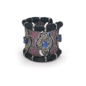 Blue Sapphire Ring | Woven Mosaic Ruby Statement Band | Marquise Diamond Halo Open Cuff Multi Gemstone Tapestry Luxury Ring
