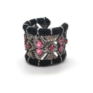 Pink Tourmaline Ring 925 Silver | Woven Macrame Maltese Cross Band | Ruby Diamond Mosaic Open Cuff Ring  Black Cord Ring Gothic Gift