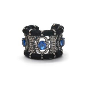 Blue Kyanite Ring 925 Silver | Woven Macrame Black Band | Oval Indigo Gemstone Pave Diamond Open Cuff Textured Runway Jewelry Premium Gift