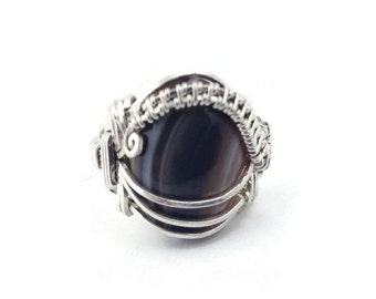 Silver Brown banded onyx ring