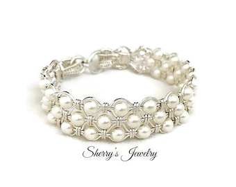 Silver Cream Pearl Bangle Bracelet