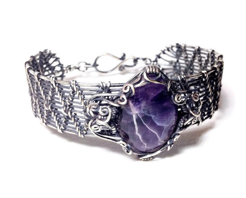 Handmade Amethyst and woven sterling silver bracelet Gemstone bracelet Amethyst bangle Vintage Silver bangle