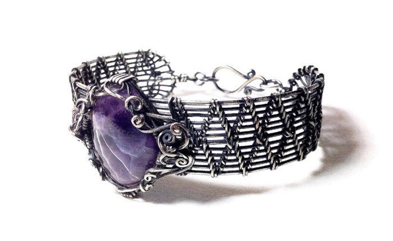 Handmade Amethyst and woven sterling silver bracelet Gemstone bracelet Amethyst bangle Vintage Silver bangle