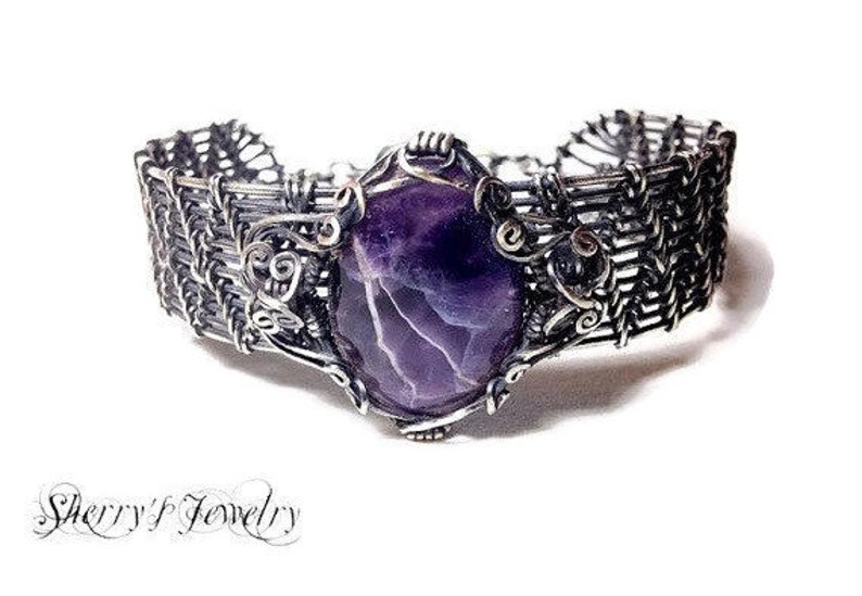 Handmade Amethyst and woven sterling silver bracelet Gemstone bracelet Amethyst bangle Vintage Silver bangle