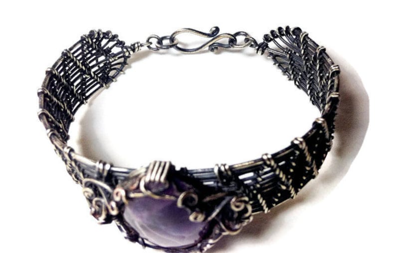Handmade Amethyst and woven sterling silver bracelet Gemstone bracelet Amethyst bangle Vintage Silver bangle