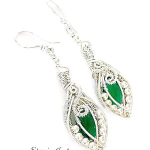 Silver Green gemstone drop earrings