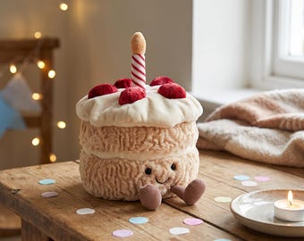 Jellycat Amuseable Geburtstagstorte Plüsch, Erdbeer Feier Kuscheltier, Kawaii Geburtstagsgeschenk, Meilenstein Foto Requisite