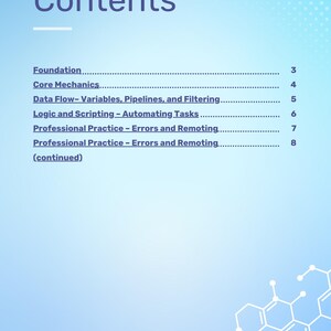 Peut inclure: Une page de document intitul&eacute;e &laquo;&nbsp;Table des mati&egrave;res&nbsp;&raquo; sur un fond d&eacute;grad&eacute; bleu clair. Le texte comprend des titres de sections comme &laquo;&nbsp;Foundation&nbsp;&raquo; et &laquo;&nbsp;Core Mechanics&nbsp;&raquo; avec des num&eacute;ros de page. Une structure mol&eacute;culaire blanche est dans le coin inf&eacute;rieur droit.