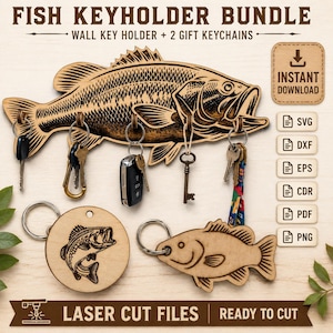 Peut inclure: Un ensemble de fichiers numériques pour un porte-clés mural en forme de poisson et deux porte-clés assortis. Le design présente des motifs en bois découpés au laser, incluant un grand support mural en forme de bar avec cinq crochets.