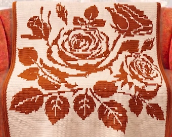 Patrón de manta de ganchillo con mosaico de rosas estilo boho en PDF, diagrama de ganchillo con mosaico superpuesto, manta decorativa floral estilo boho, diseño artístico de ganchillo.
