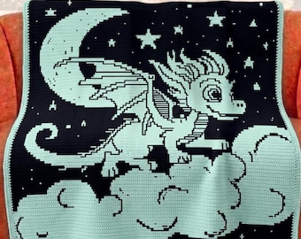 Dragon Moon Mosaic Crochet Blanket Pattern PDF, Overlay Mosaic Crochet Chart, Night Sky Dragon Blanket, Fantasy Crochet Throw Pattern