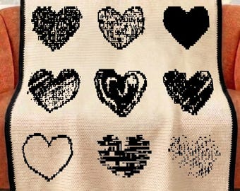 Patrón de manta de ganchillo con mosaico de corazones en PDF, gráfico de ganchillo con mosaico superpuesto, manta de corazones de San Valentín, patrón de manta de ganchillo moderna
