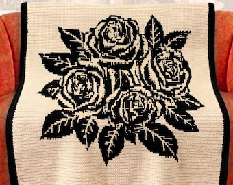 Patrón de manta de ganchillo con mosaico de rosas en PDF, diagrama de ganchillo con mosaico superpuesto, manta floral de rosas, patrón de manta de ganchillo moderna, diseño botánico