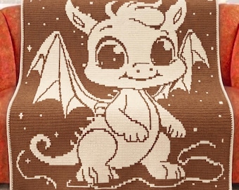 Cute Dragon Mosaic Crochet Blanket Pattern PDF, Overlay Crochet Chart, Fantasy Baby Dragon Throw, Moon Sky Crochet Pattern, Mosaic crochet