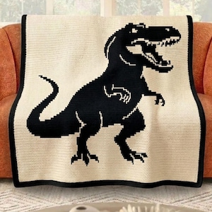 T-Rex dinosaurusmozaïek gehaakte dekenpatroon PDF-overlay mozaïekpatroon, dinosaurusworp, modern gehaakt bankdecor, dinodeken