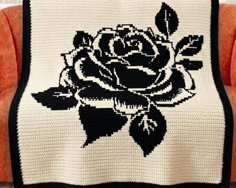Minimalist Rose Mosaic Crochet Blanket Pattern PDF, Overlay Mosaic Crochet Chart, Floral Modern Throw Blanket, Clean Design Crochet Pattern