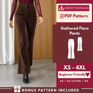 May include: Dark brown corduroy flare pants with an elastic gathered waistband and a front button closure. The digital product includes text: INSTANT DOWNLOAD, PDF Pattern, Gathered Flare Pants, XS - 4XL, Beginner Friendly, A4 / US LETTER / A0, BONUS PATTERN INCLUDED.