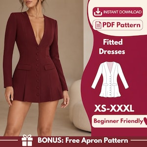 May include: A deep burgundy long-sleeve dress with a deep V-neckline, a front button closure, and a pleated skirt. The image includes text: INSTANT DOWNLOAD, PDF Pattern, Fitted Dresses, XS-XXXL, Beginner Friendly, and BONUS: Free Apron Pattern.
