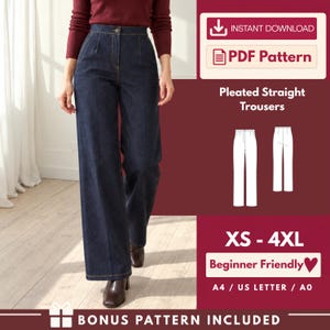 May include: Dark blue denim trousers with a high waist, front pleats, and a straight-leg cut. The image includes text: Instant Download, PDF Pattern, Pleated Straight Trousers, XS-4XL, Beginner Friendly, A4 / US Letter / A0, Bonus Pattern Included.