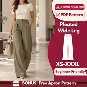 Puede incluir: Un patrón de costura PDF digital para pantalones anchos con pliegues en tallas XS-XXXL. La imagen muestra una camiseta blanca de manga corta y pantalones de cintura alta color verde oliva con pliegues, junto a un dibujo y texto.