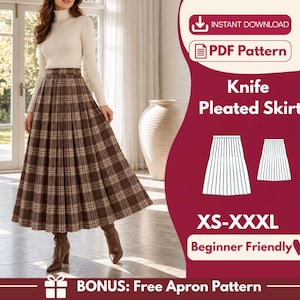 May include: A digital PDF sewing pattern for a knife pleated skirt, featuring a brown plaid pattern. The graphic includes the text 'Knife Pleated Skirt', size range 'XS-XXXL', 'Beginner Friendly', 'INSTANT DOWNLOAD', and 'BONUS: Free Apron Pattern'.