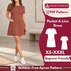 May include: A rust-colored A-line dress with short sleeves and two front patch pockets. The image includes text: INSTANT DOWNLOAD, PDF Pattern, Pocket A-Line Dress, XS-XXXL, Beginner Friendly, and BONUS: Free Apron Pattern with a gift icon.