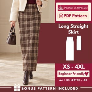 May include: A long straight skirt featuring a brown and beige plaid pattern. The image includes text: Instant Download, PDF Pattern, Long Straight Skirt, XS-4XL, Beginner Friendly, A4 / US Letter / A0, and Bonus Pattern Included.