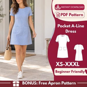 May include: A light blue short-sleeved A-line dress with two front pockets. The image includes text: Instant Download, PDF Pattern, Pocket A-Line Dress, XS-XXXL, Beginner Friendly, and Bonus: Free Apron Pattern, with a line drawing of the dress.