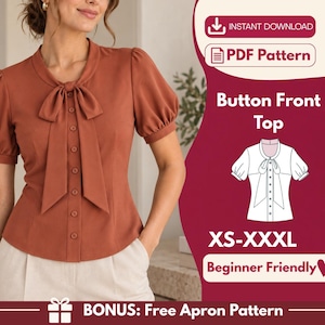 Bow Tie Blouse PDF Sewing Pattern, Button Front Bishop Sleeve Woven Top, Deep Round Neck, XS-4XL, A0 A4 US Letter Instant Download