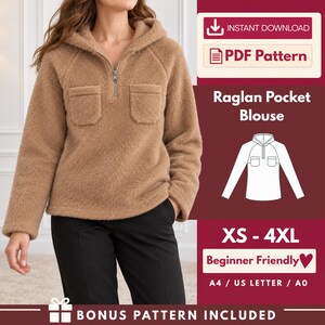Raglan Hoodie Sewing Pattern PDF, Women's Long Sleeve Knit Pullover with a Quarter Zip Front, Twin Chest Patch Pockets and a Self Lined Hood