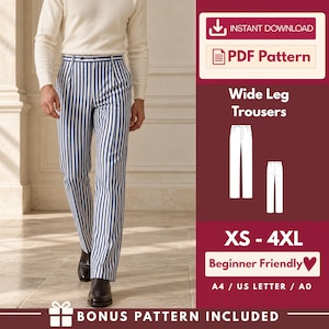 May include: A digital sewing pattern for wide leg trousers featuring blue and white vertical stripes. The graphic includes text: Instant Download, PDF Pattern, Wide Leg Trousers, XS-4XL, Beginner Friendly, A4/US Letter/A0, Bonus Pattern Included.