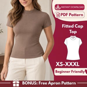 Fitted Mock Neck Top PDF Sewing Pattern, Short Cap Sleeve Knit T-Shirt, Women's Basic Top XS-4XL, A0, A4 US Letter, Instant Digital Download