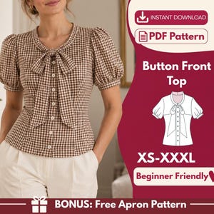 Bow Neck Blouse PDF Sewing Pattern, Button Front Puff Sleeve Fitted Woven Top, Round Neck Shirt XS-4XL, A0 A4 US Letter Instant Download