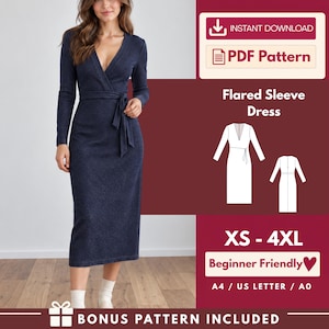 May include: A dark blue long-sleeve wrap dress with a V-neckline and a tie waist. The image includes text: Instant Download, PDF Pattern, Flared Sleeve Dress, XS-4XL, Beginner Friendly, A4/US Letter/A0, and Bonus Pattern Included.