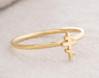 Anillo con cruz rusa, joyería ortodoxa de plata de ley, anillo cristiano minimalista.