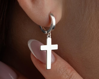 Lateinisches Kreuz Creolen, Sterling Silber Glaube Schmuck, minimalistischen christlichen Schmuck