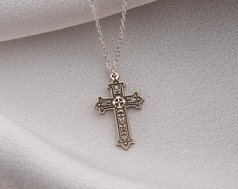 Sterling Silver Ornate Christian Cross Necklace, Vintage Style Engraved Cross Pendant