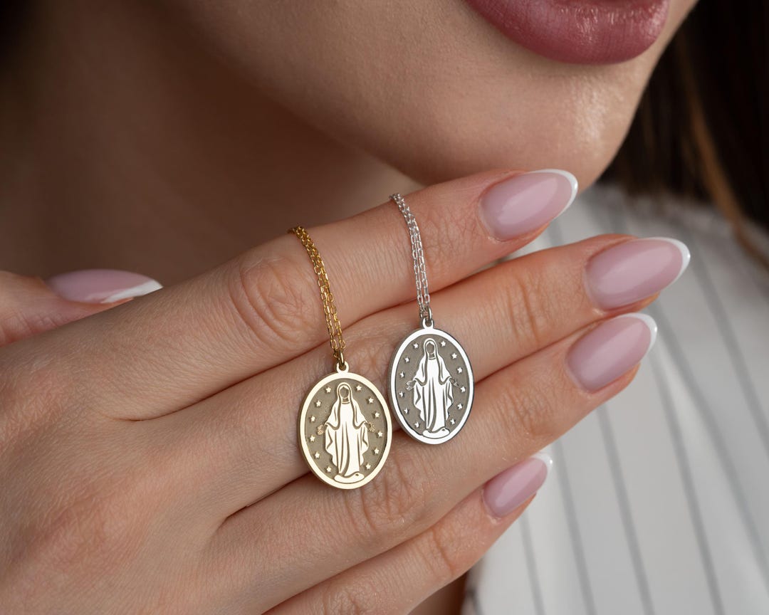 Sterling Silver Miraculous Medal Necklace, Virgin Mary Pendant - Etsy