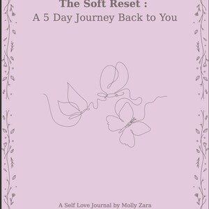 May include: A soft pink journal cover with the title "The Soft Reset: A 5 Day Journey Back to You." The cover features line art butterflies and a floral border. The author's name, Molly Zara, is at the bottom.