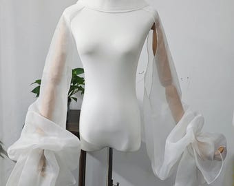 Elegant High Neck Organza Wedding Bolero,Ivory Bolero Shrug with Ruffled Puff Sleeves,Arm Cover,Wedding Accessory,Bridal Cape