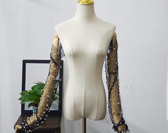 Exquisite Pearl Tulle Detachable Sleeves, Black Tulle Long Transparent Sleeves, Bridal Removable Sleeves,Custom Arm Cover