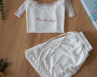 Personalized Lace Cami Set, Custom Embroidered Bride Sleepwear, Wedding Morning Outfit, Honeymoon Gift, Bridal Shower Gift