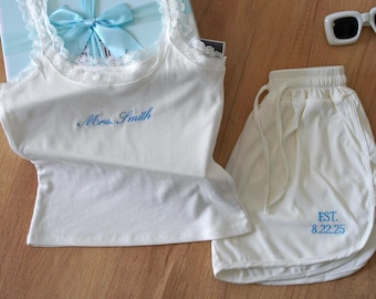 Custom Name Embroidery Lace Tank Top, Personalized Bridal Pajamas Set, Honeymoon Gift for Bride, Wedding Sleepwear Set