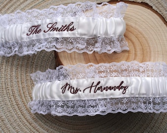 Jarretière de mariée brodée sur mesure en dentelle, personnalisée avec nom ou initiales pour le jour de votre mariage