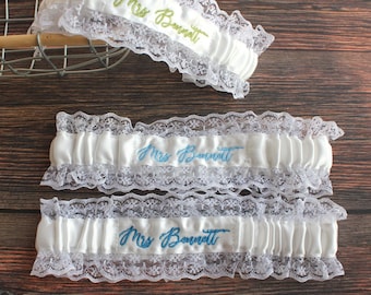 Personalized Something Blue Bridal Lace Garter Wedding Garter with Custom Embroidery