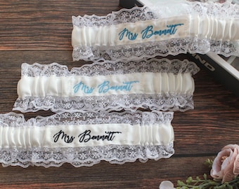 Personalisierte etwas Blaues Braut Spitzen Strumpfband Hochzeit Strumpfband mit Bestickung